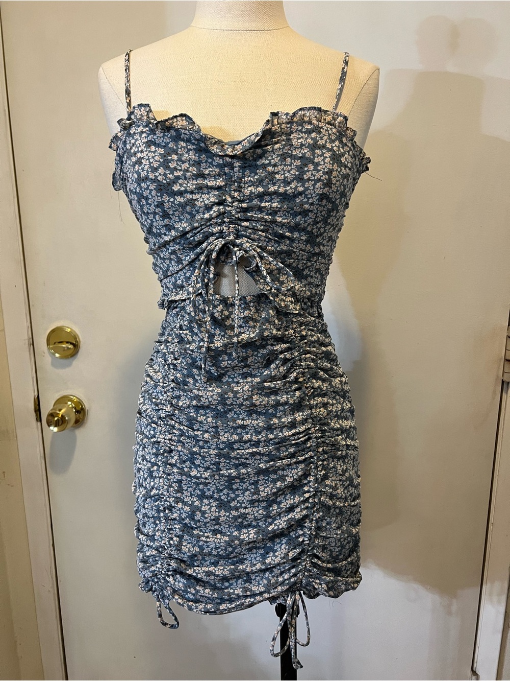 Blush Blue Floral Ruched Mini Dress